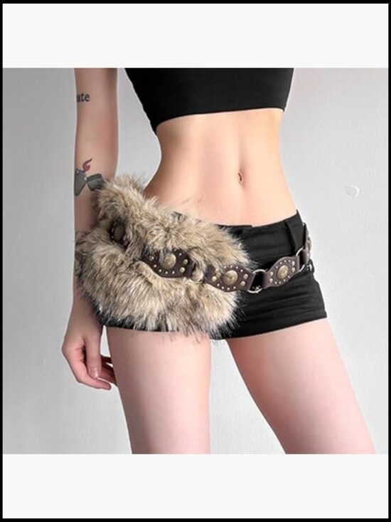 Y2K Faux Fur Studded Punk Belt Gothic Rivet Waist Belt for Dresses Pants main image 6